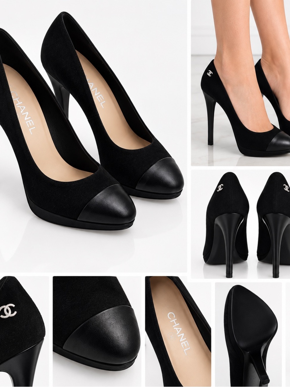CHANEL Black Suede and Leather Cap-Toe Stiletto Pumps EU40